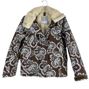 Burton Paisley Snowboarding Ski Jacket Small Brown Blue Faux Fur Lining